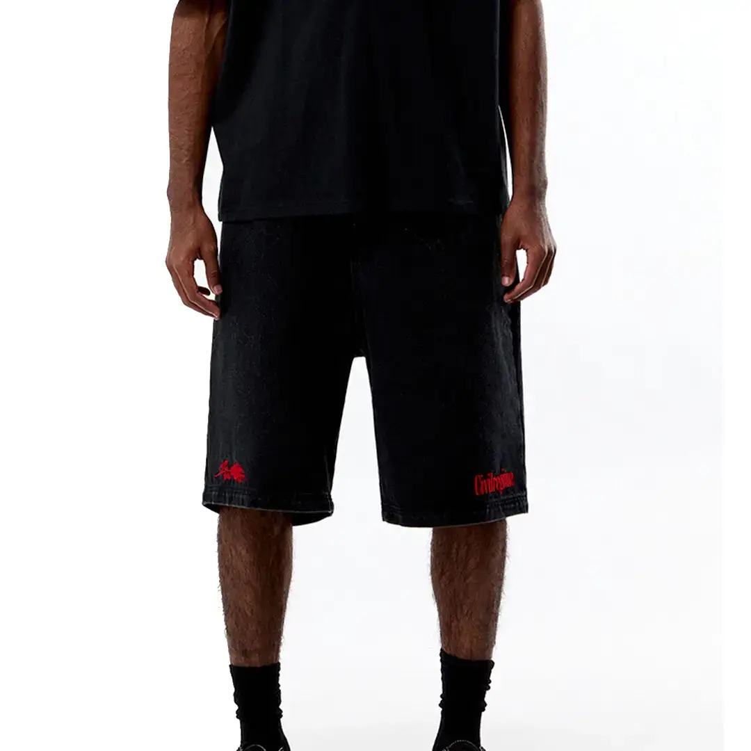 Civil Cyber Core Regime Washed Black Baggy Jean Shorts Detail View