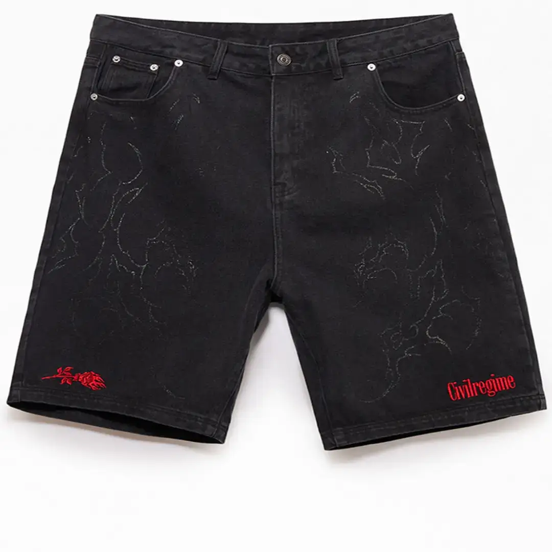 Civil Cyber Core Regime Washed Black Baggy Jean Shorts Front View
